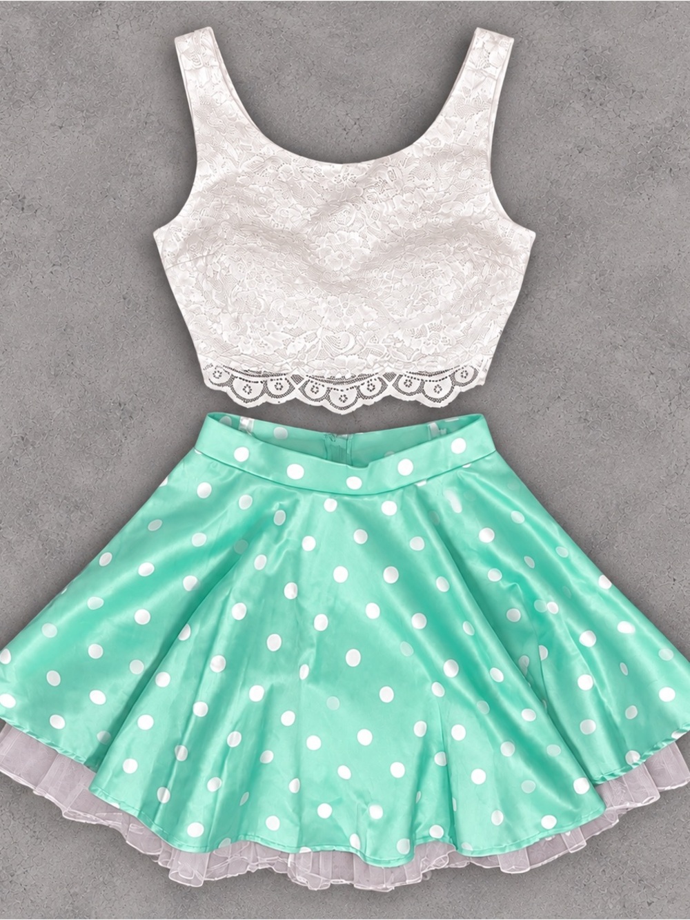 City Triangles Y2K Sequin Lace Crop Top & Polka Dot Skater Skirt Set Size 3